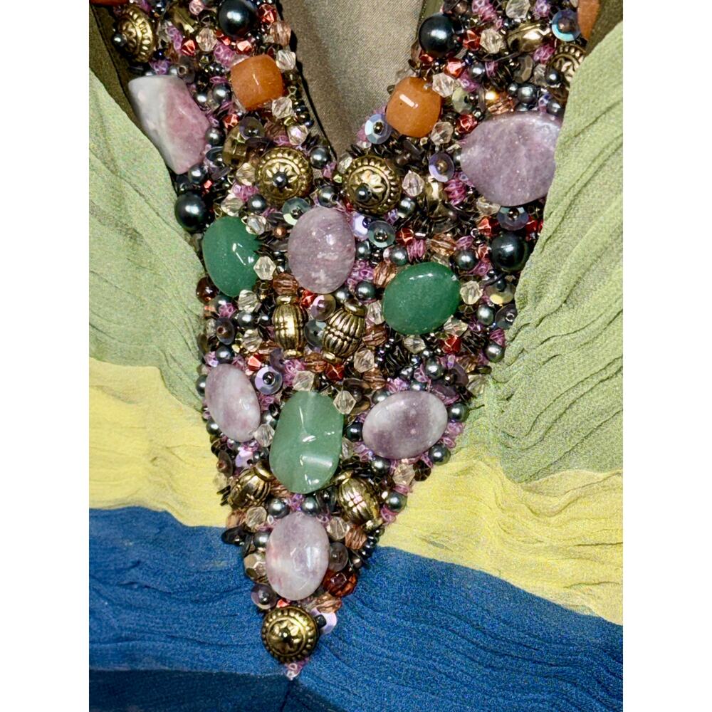 NWT Mandalay Quartz Green Blue Silk Beaded Sequin Midi Evening Gown Dress Size 6 - Picture 5 of 16